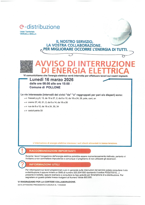 Avviso di interruzione Energia Elettrica